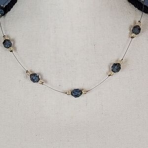 Necklace, wire chain with light blue and clear beads